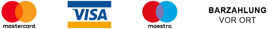 Mastercard, Visa, Maestro und Barzahlung vor Ort